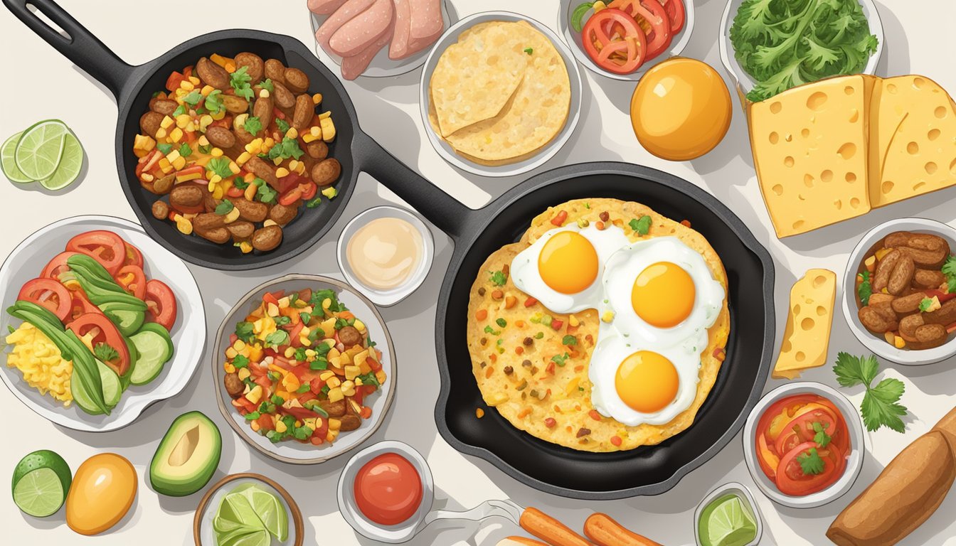 A sizzling skillet holds a golden-brown breakfast burrito, surrounded by colorful ingredients like eggs, cheese, and savory sausage. Steam rises as the aroma of spices fills the air