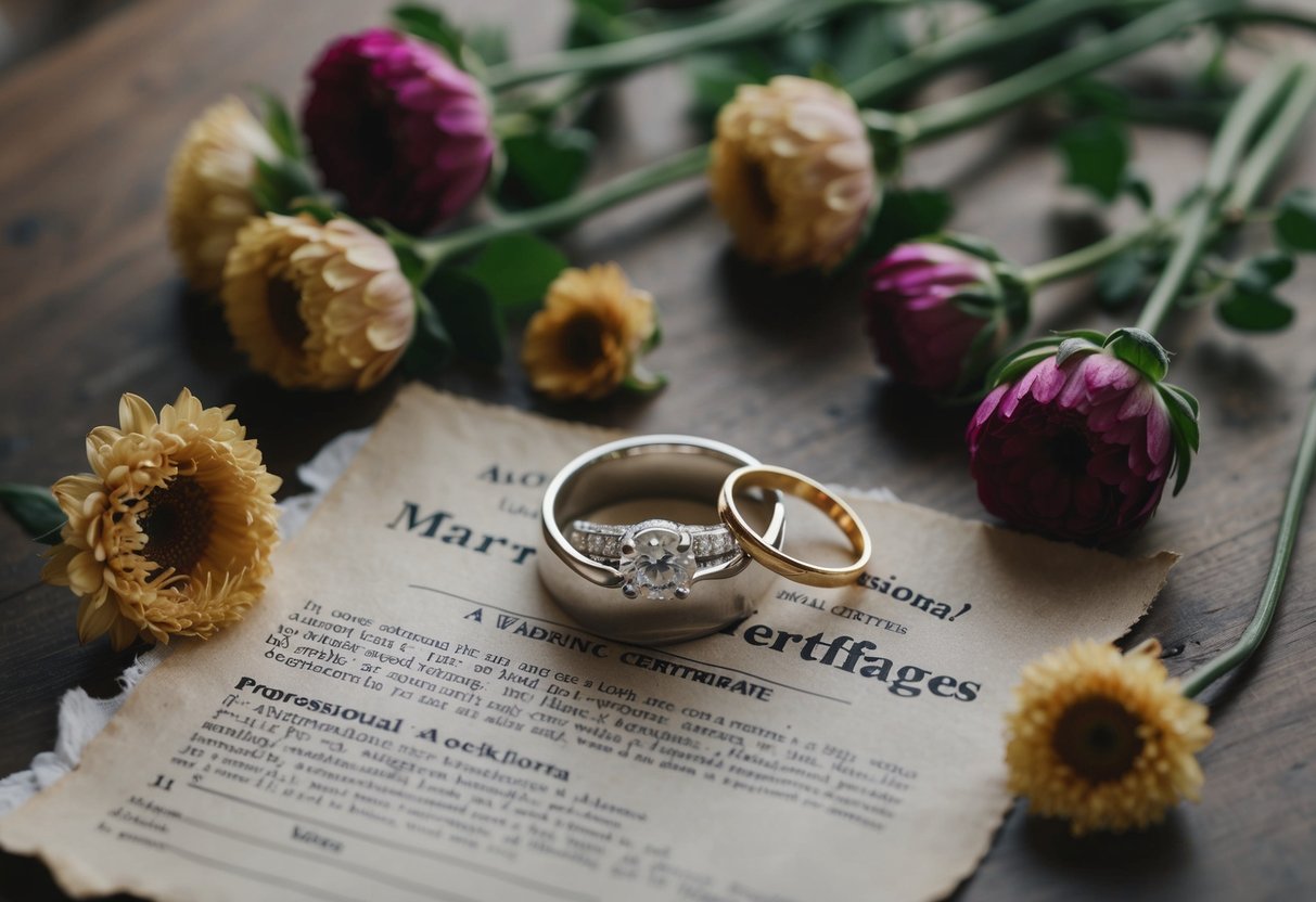 A wedding ring lying abandoned on a table, surrounded by wilted flowers and a torn marriage certificate