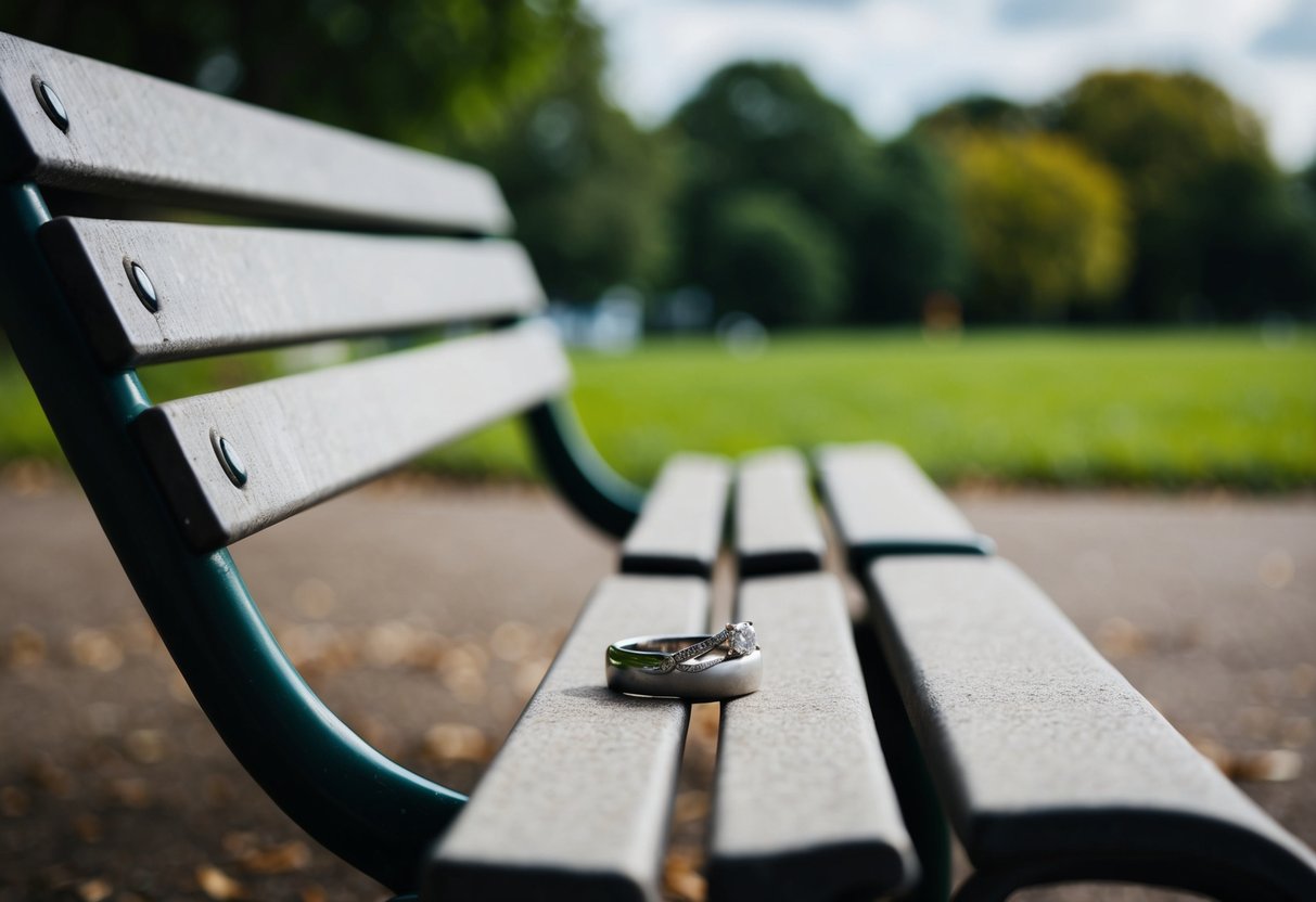A wedding ring discarded on a deserted park bench, symbolizing the declining marriage rates in the UK