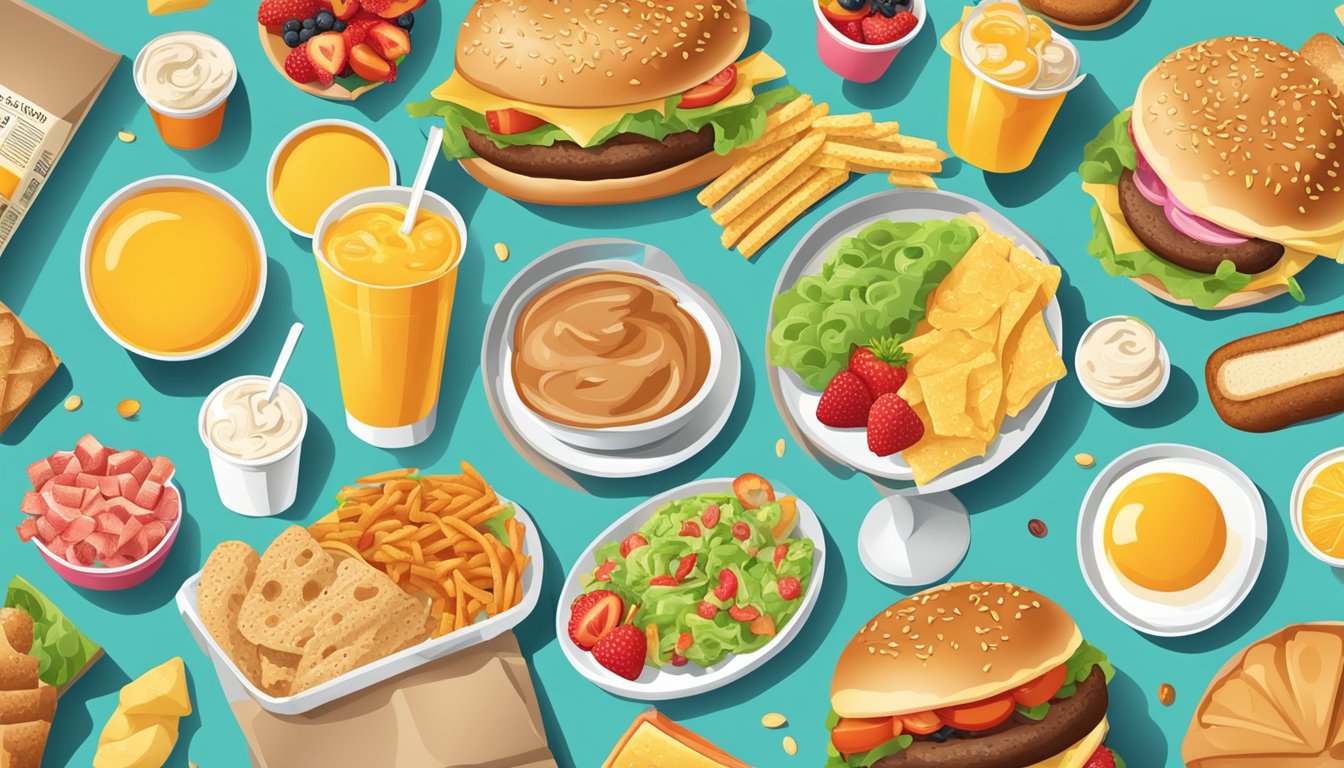 A colorful breakfast spread with various fast food items and nutritional labels displayed prominently