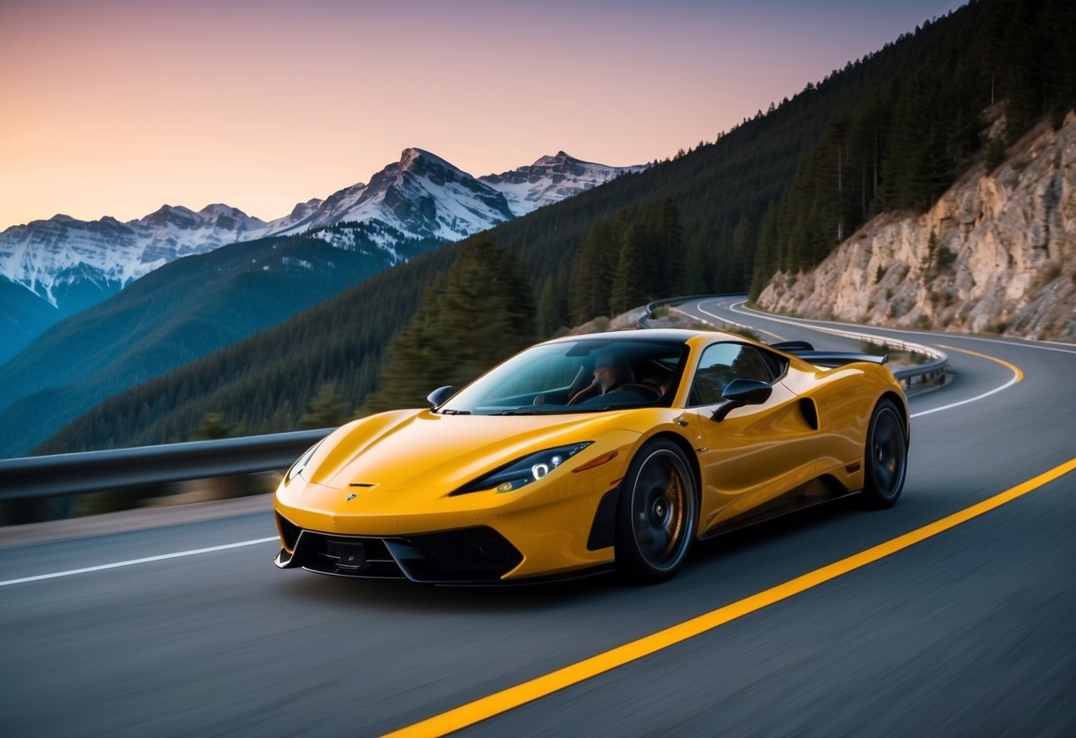 A photographer capturing a luxurious sports car speeding through a scenic mountain road at sunset