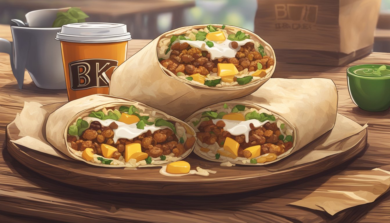 A steaming breakfast burrito with the BK logo sits on a rustic wooden table, surrounded by fresh ingredients and a warm cup of coffee