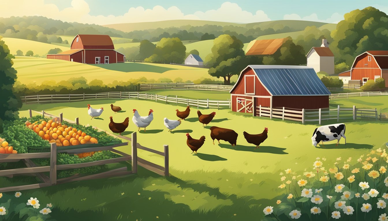 A bustling farm with fields of fresh produce, a dairy cow grazing in a lush pasture, and a chicken coop filled with free-range hens