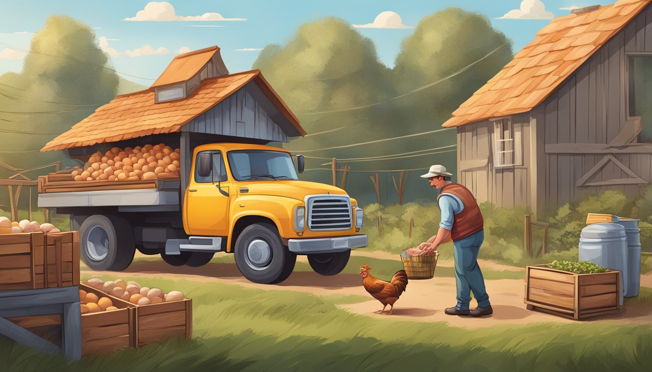 A farmer harvesting fresh eggs from a chicken coop, while a truck delivers crates of bacon and sausage to a Burger King restaurant