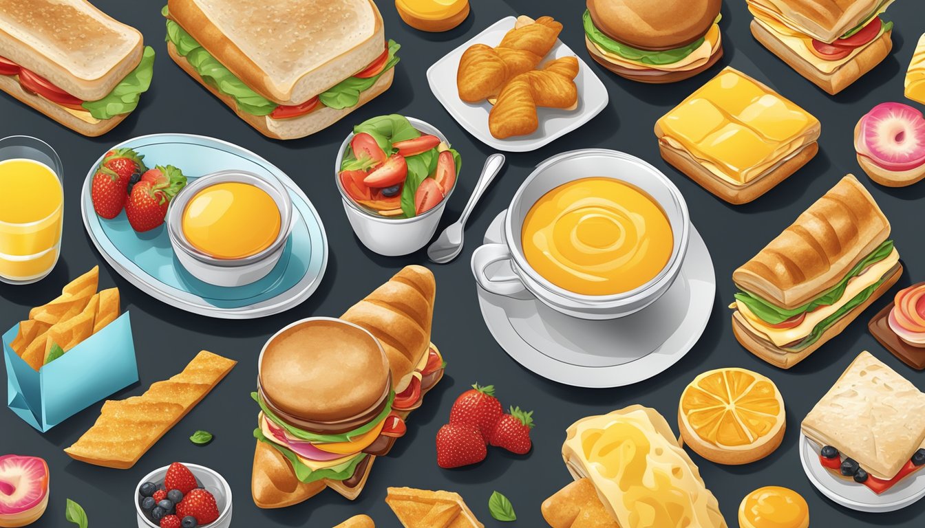 A colorful array of breakfast items, from savory sandwiches to sweet pastries, displayed in a modern fast food setting