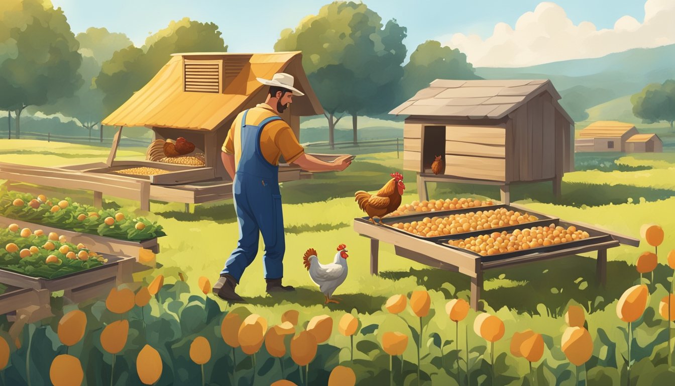 A farmer picking fresh eggs from a chicken coop while a worker harvests vegetables in a sunny field for Burger King's breakfast ingredients