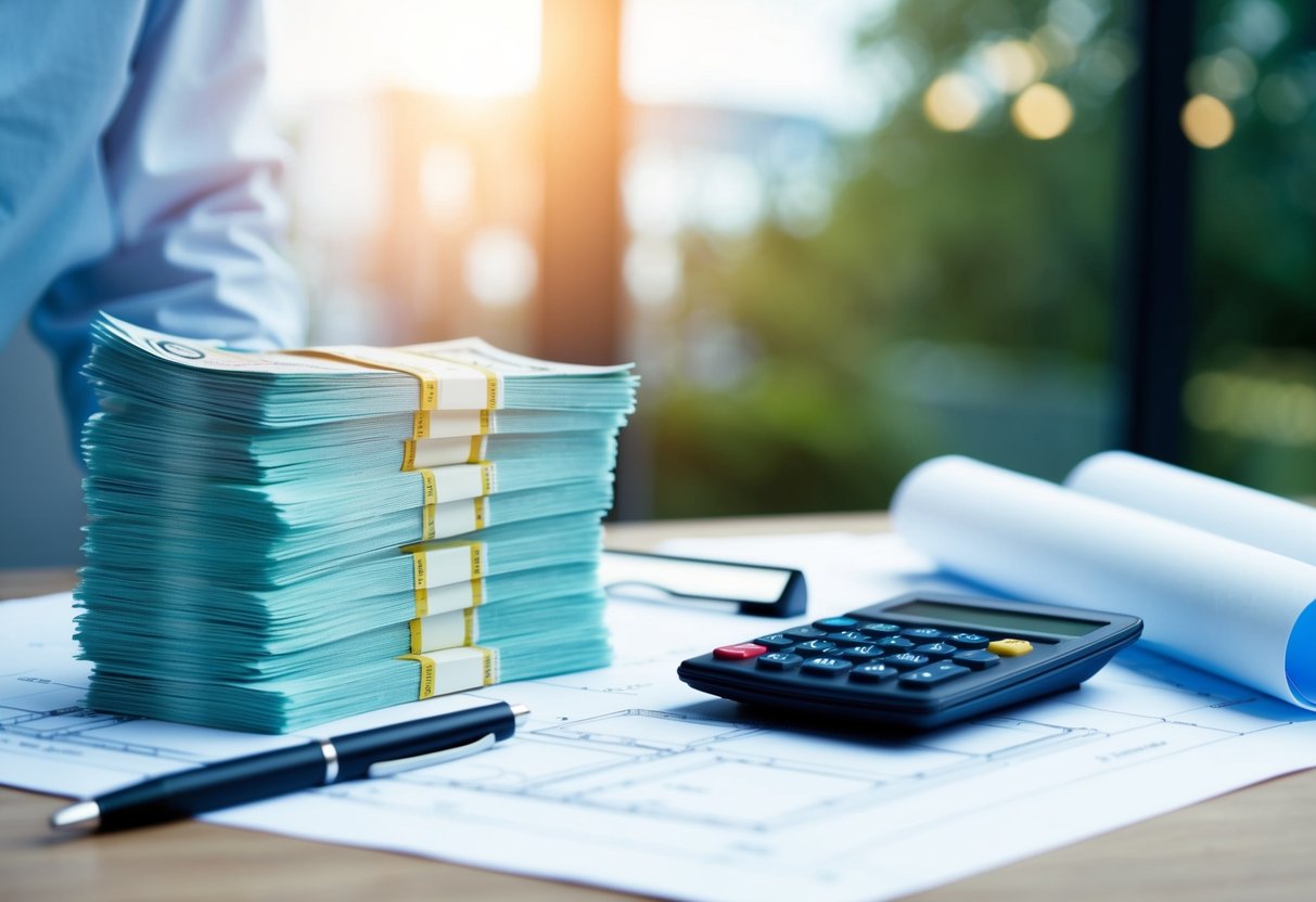 A 4D planner in the UK earns a comfortable salary, depicted by a stack of British pound notes surrounded by architectural blueprints and a calculator