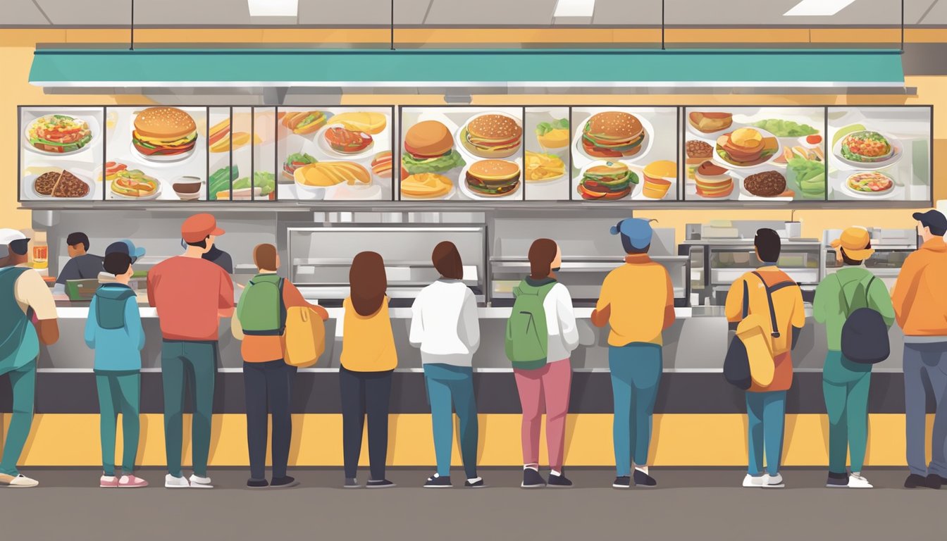 A bustling fast food restaurant with a colorful display of breakfast combos and meals. Customers line up at the counter while staff work efficiently behind the scenes