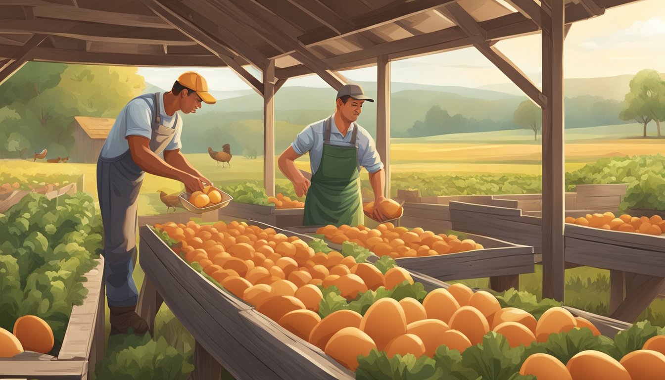 A farmer harvesting fresh eggs from a chicken coop, while another worker picks ripe vegetables from a field for Burger King's breakfast ingredients