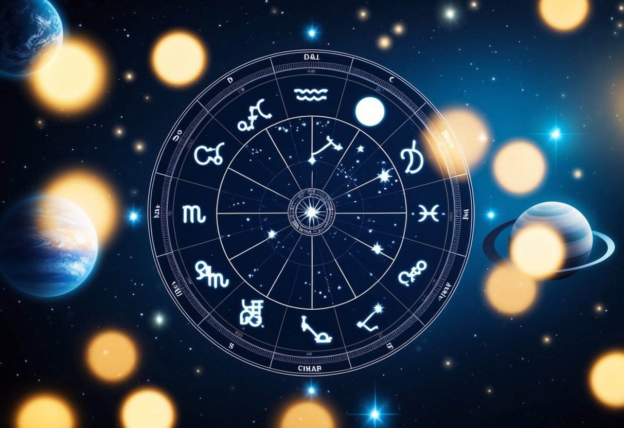 A celestial map with zodiac signs and constellations, surrounded by glowing stars and planets