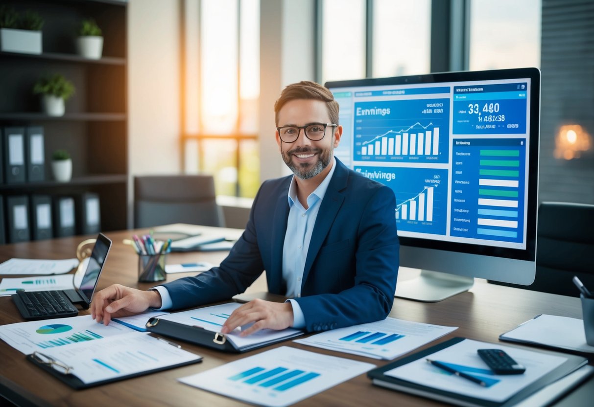 A 4D planner sits at a desk, surrounded by financial documents and a computer screen displaying earnings data
