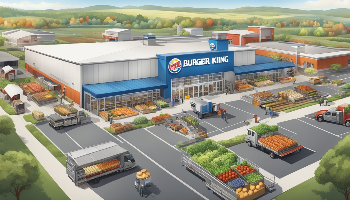 A bustling farm with fresh produce and livestock, a busy distribution center, and a modern kitchen at Burger King headquarters