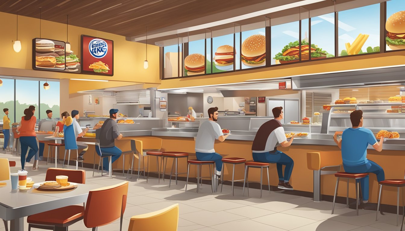 A bustling Burger King restaurant with breakfast items being served alongside traditional lunch and dinner options, showcasing the rise of all-day breakfast