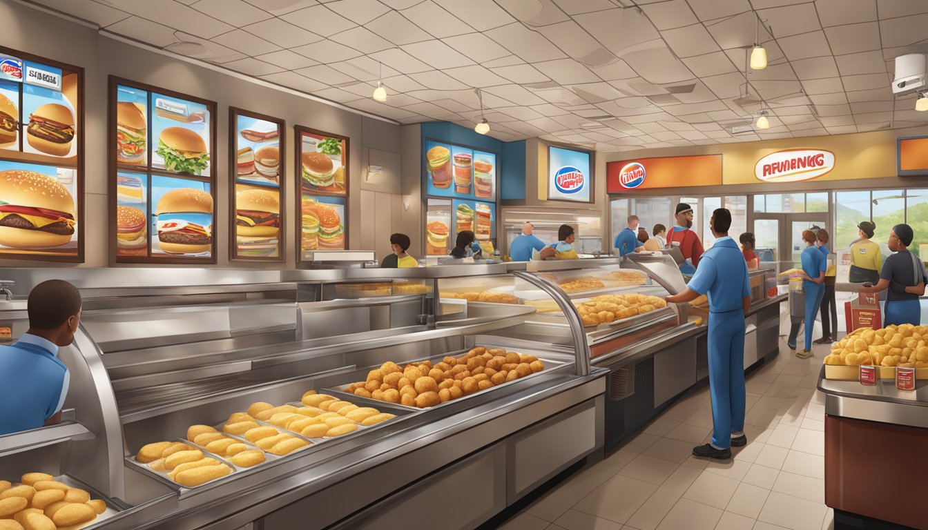 A bustling Burger King restaurant with a display of breakfast potatoes being served to eager customers