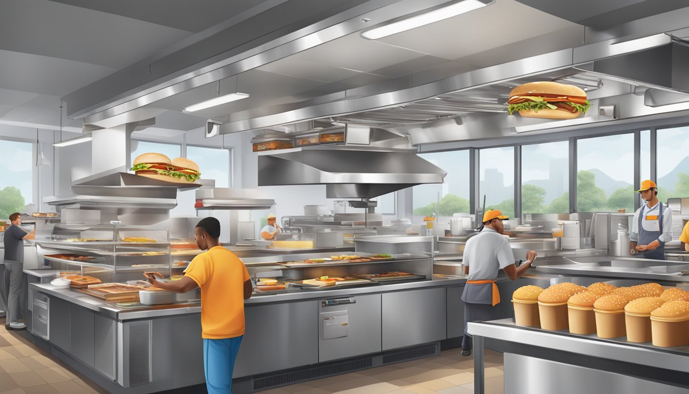 A busy Burger King kitchen with breakfast and lunch items being prepared simultaneously, while employees navigate crowded workstations and manage inventory