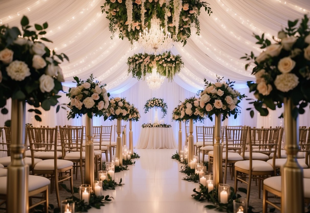 A luxurious wedding venue adorned with elegant floral arrangements, draping fabrics, and twinkling lights, creating a romantic and enchanting atmosphere
