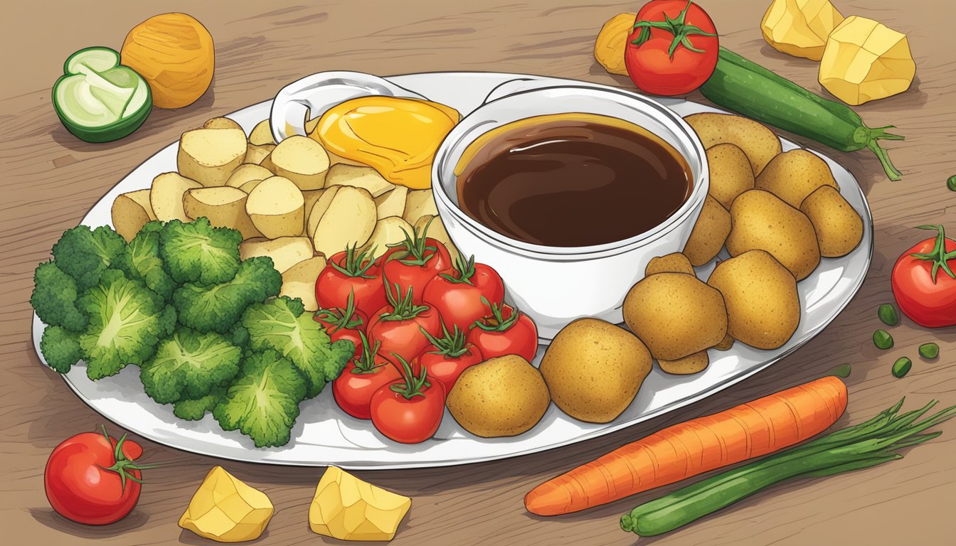 A plate of golden breakfast potatoes with a side of ketchup, surrounded by a colorful array of fresh vegetables and a steaming cup of coffee