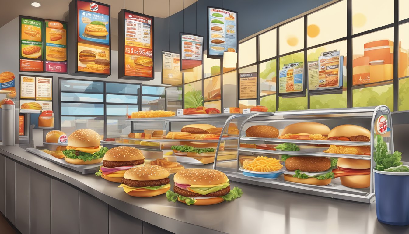 A colorful display of breakfast items and nutritional information at a Burger King restaurant