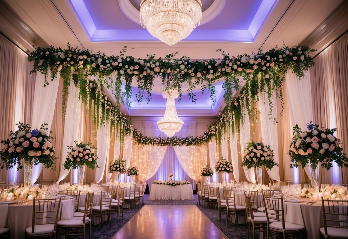 A grand ballroom adorned with cascading floral centerpieces, elegant drapery, and twinkling fairy lights creating a romantic ambiance for a wedding celebration