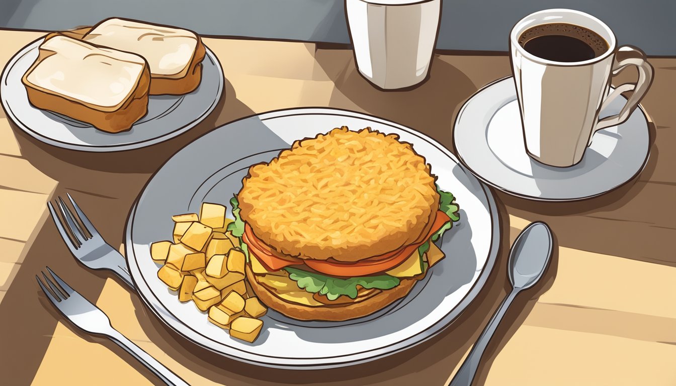 A plate of golden hash brown potatoes sits next to a breakfast sandwich and coffee cup on a table. A fork rests beside the plate