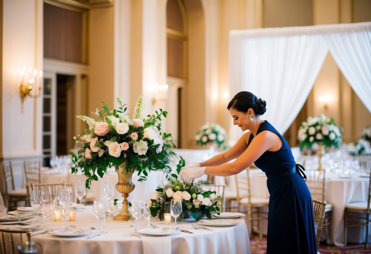 A wedding decorator arranging elegant floral centerpieces and draping fabric in a grand ballroom