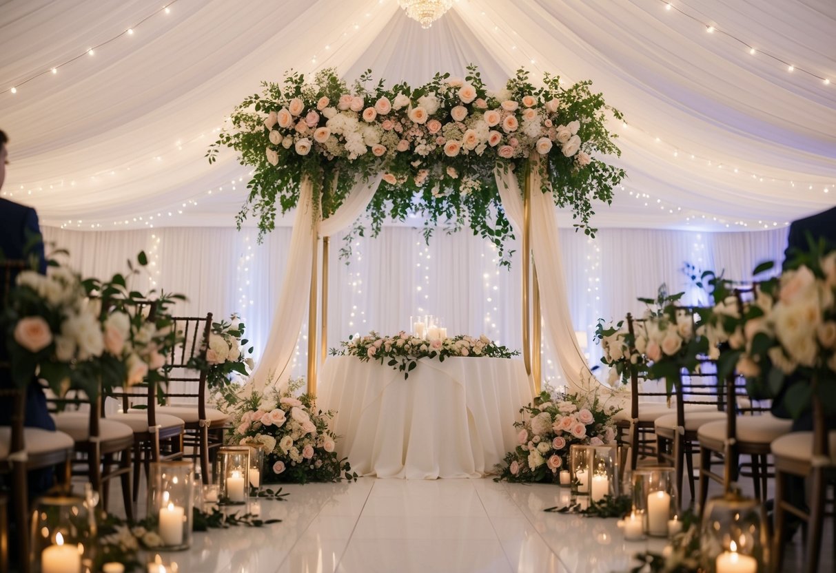 A wedding venue with elegant floral arrangements, draped fabric, and twinkling lights, creating a romantic and enchanting atmosphere for the celebration