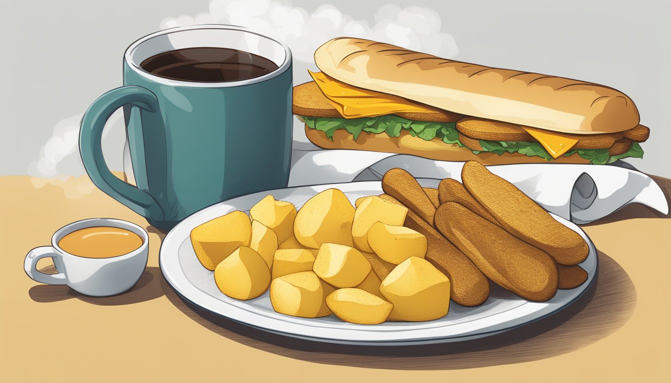 A steaming pile of golden breakfast potatoes sits next to a hot sandwich, with a coffee cup and napkin on the side