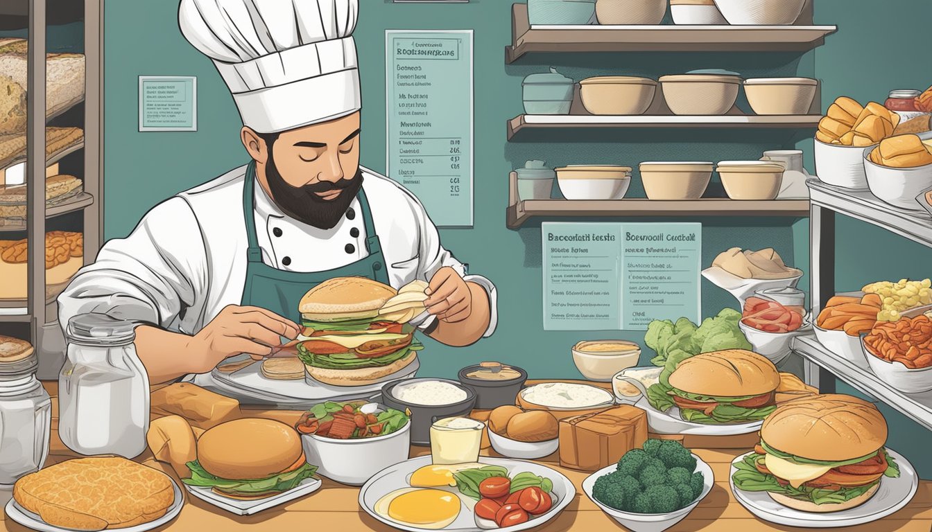 A chef assembling a breakfast sandwich, surrounded by various ingredients and nutritional information labels