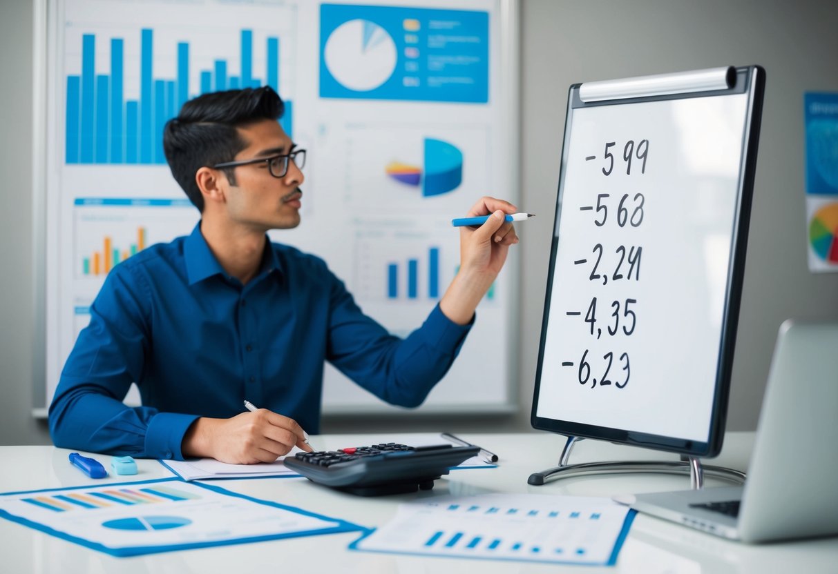 A person writing numbers on a whiteboard, surrounded by charts and graphs, while a calculator sits on the desk
