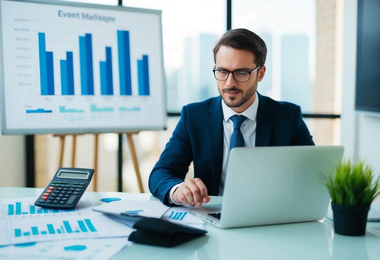 An event manager at a desk, surrounded by charts and graphs, calculating earnings with a calculator and laptop