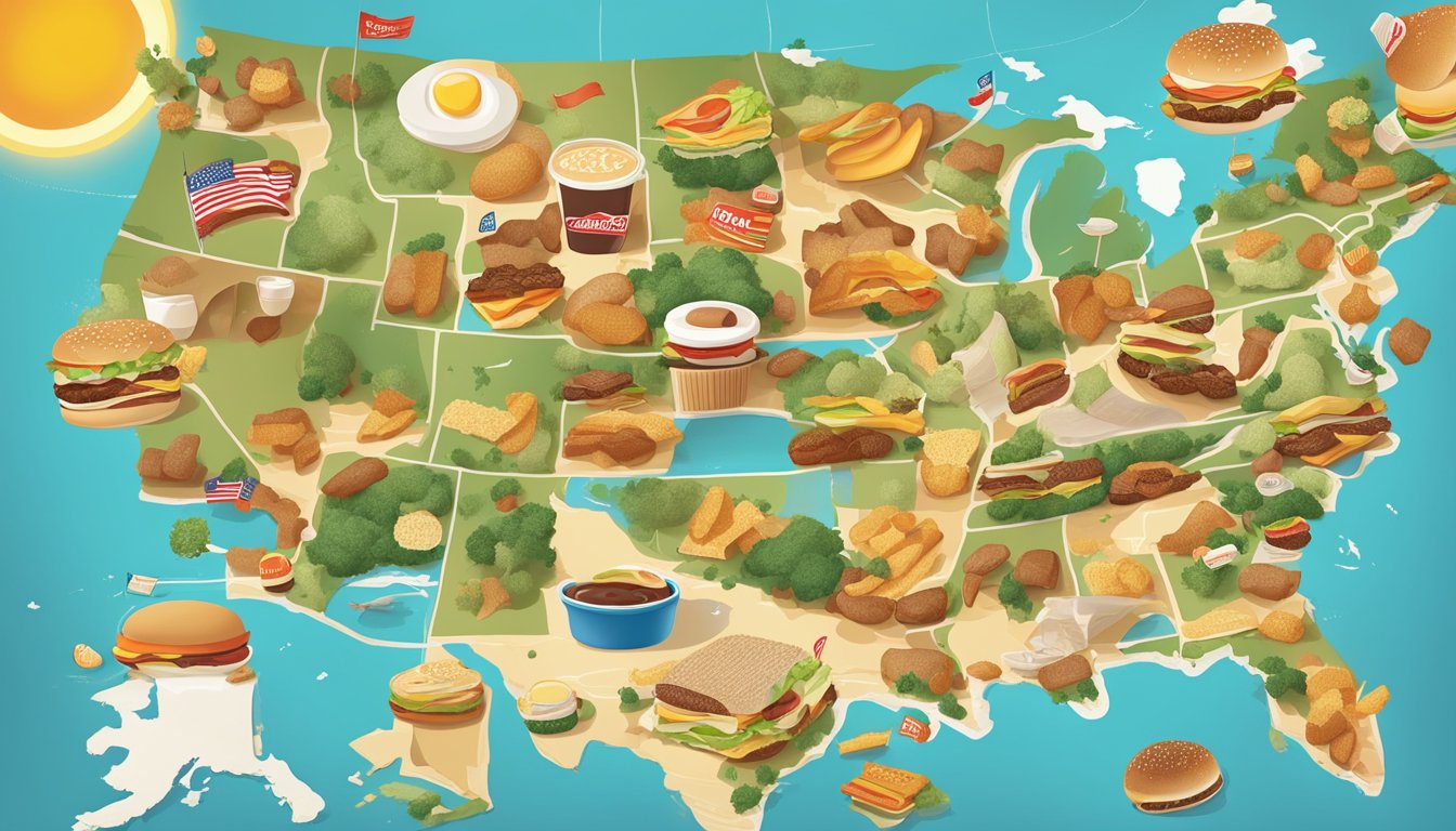 A map of the United States with various breakfast items from Burger King's menu displayed in different regions