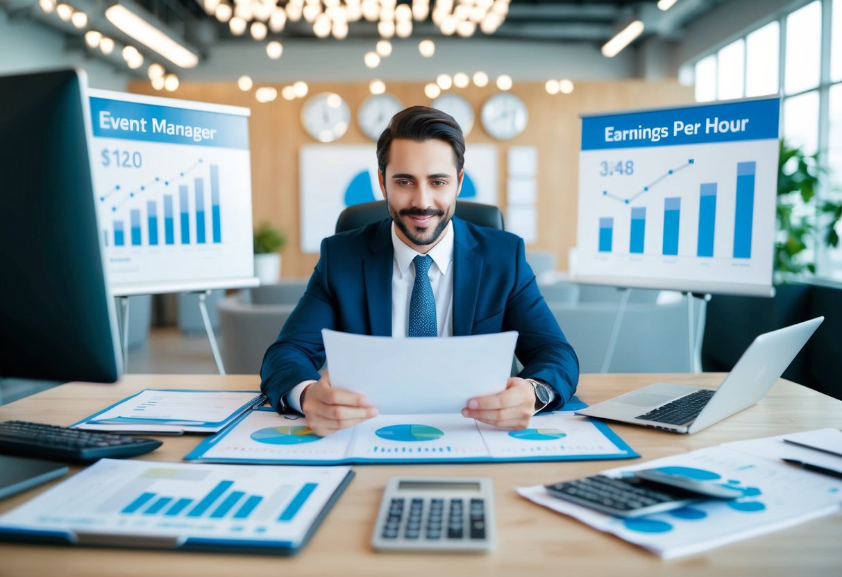 An event manager at their desk, surrounded by charts and graphs, calculating earnings per hour