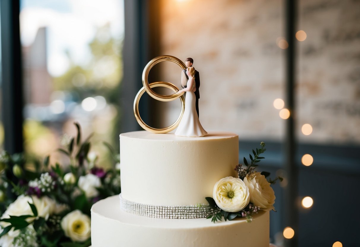 A wedding cake with two interlocking rings on top, surrounded by floral decorations and a bride and groom figurine