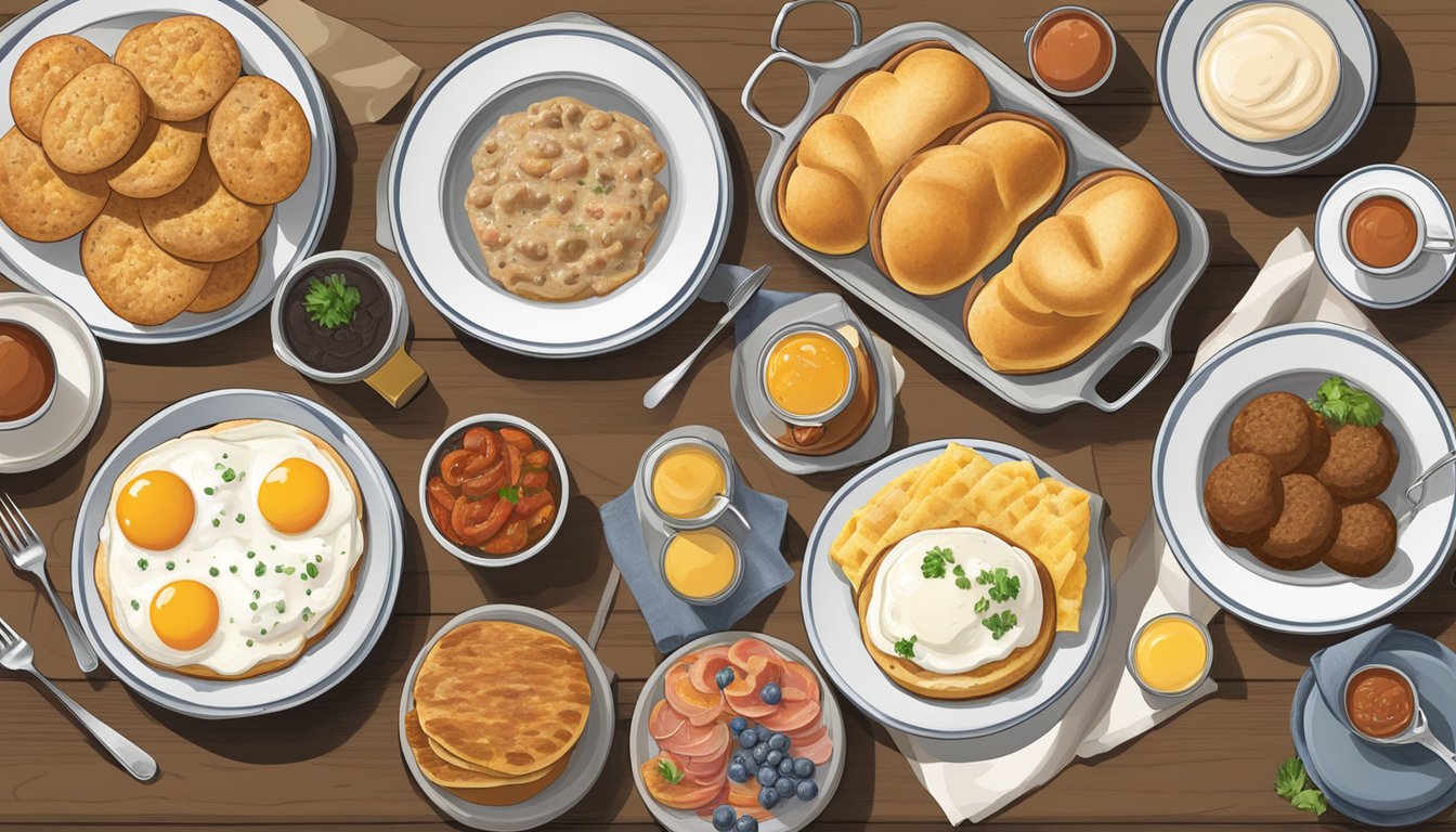 A table with a spread of regional breakfast offerings from across America, including biscuits and gravy, huevos rancheros, bagels with lox, and grits with sausage