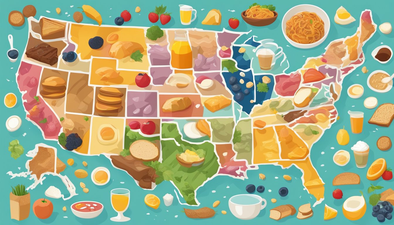 A colorful map of the United States with various breakfast dishes representing regional variations, surrounded by ingredients and dietary symbols