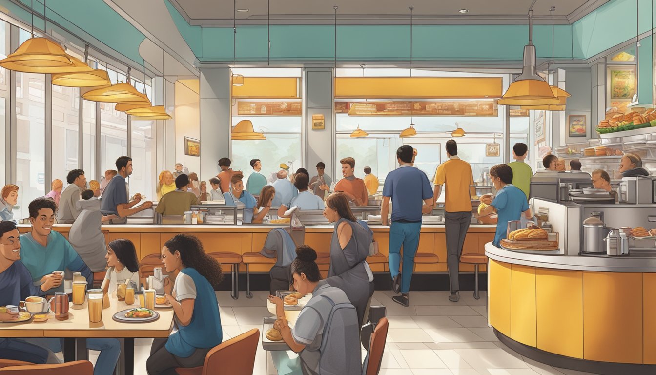 A bustling breakfast scene at a BK restaurant, with customers enjoying their meals and the morning rush in full swing