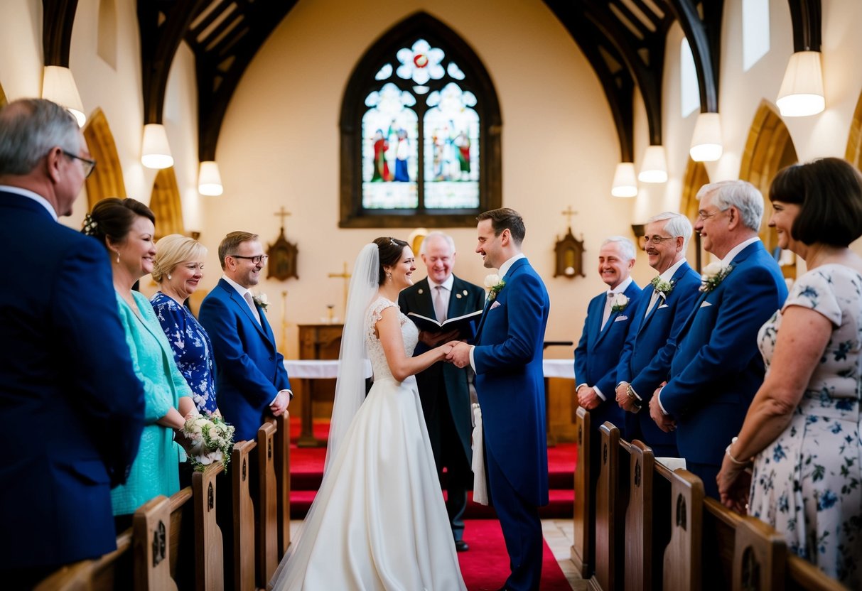 A traditional wedding ceremony in a quaint British church, with a couple exchanging vows in front of family and friends