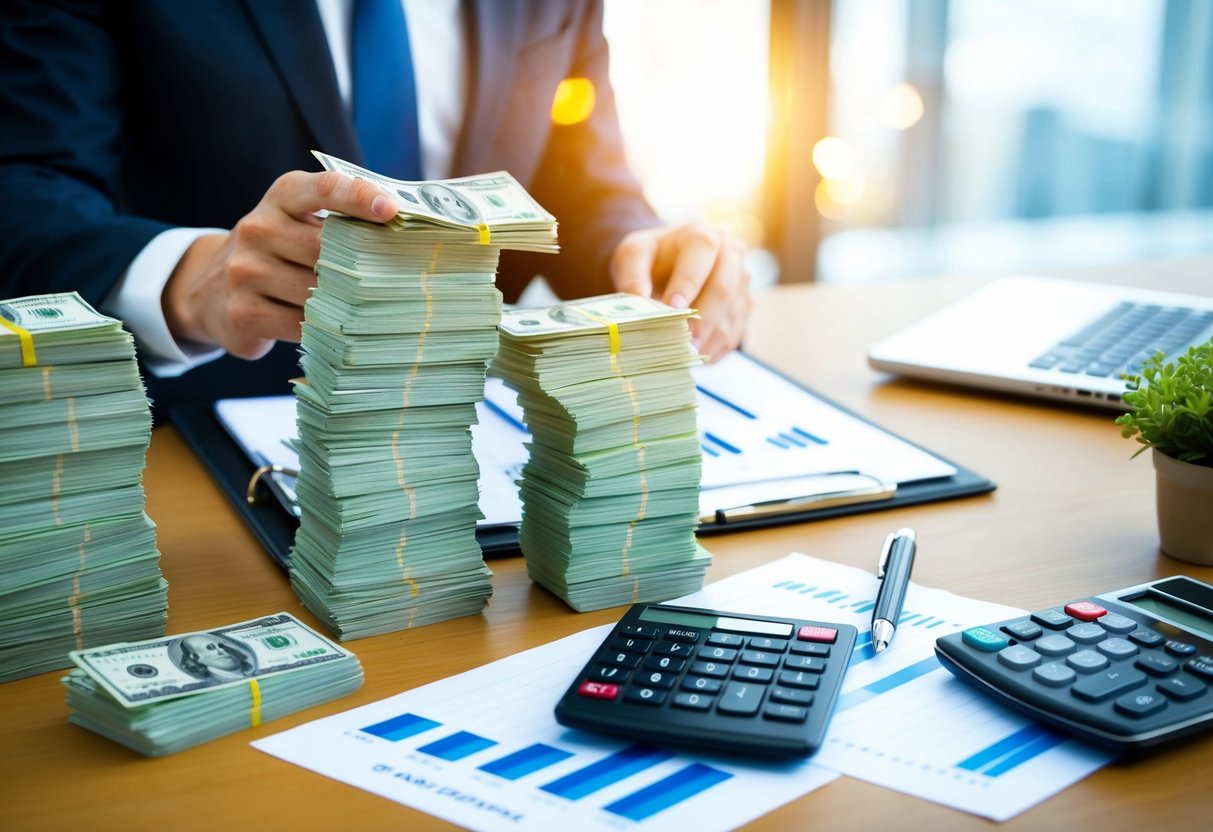 A planner surrounded by stacks of money and financial charts, with a calculator and pen nearby
