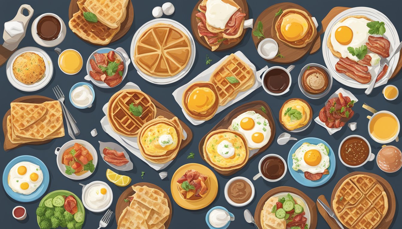 A colorful array of regional breakfast dishes from across America, including pancakes, waffles, eggs, bacon, and regional specialties like biscuits and gravy and huevos rancheros