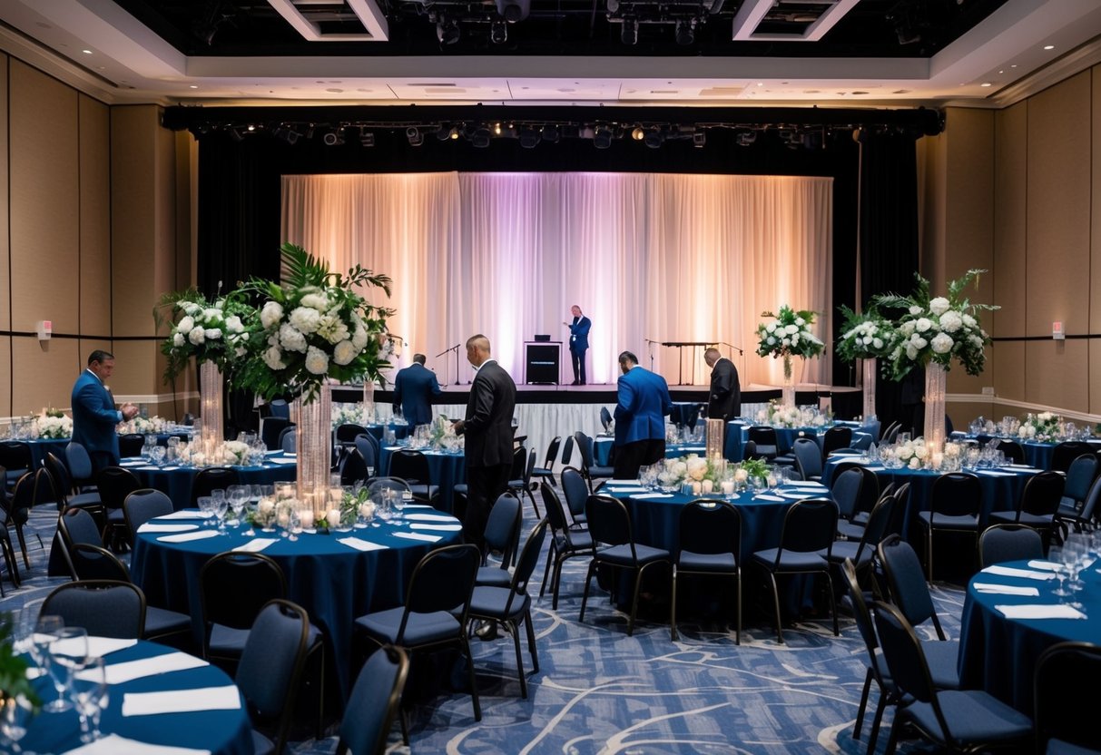 A bustling event venue with tables, chairs, and decorations being set up by a team of planners. A stage is being prepared for a presentation
