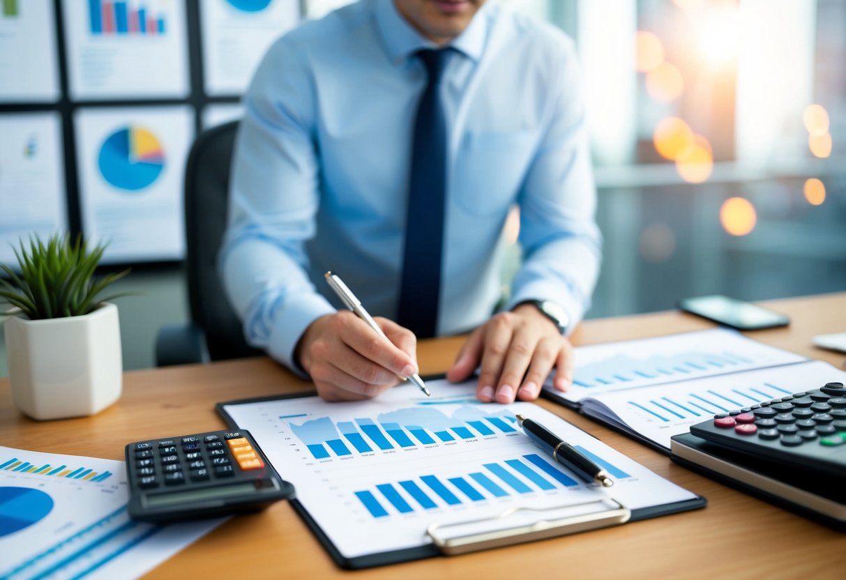 A planner at a desk, surrounded by charts and graphs. A calculator and pen sit nearby as they calculate potential earnings