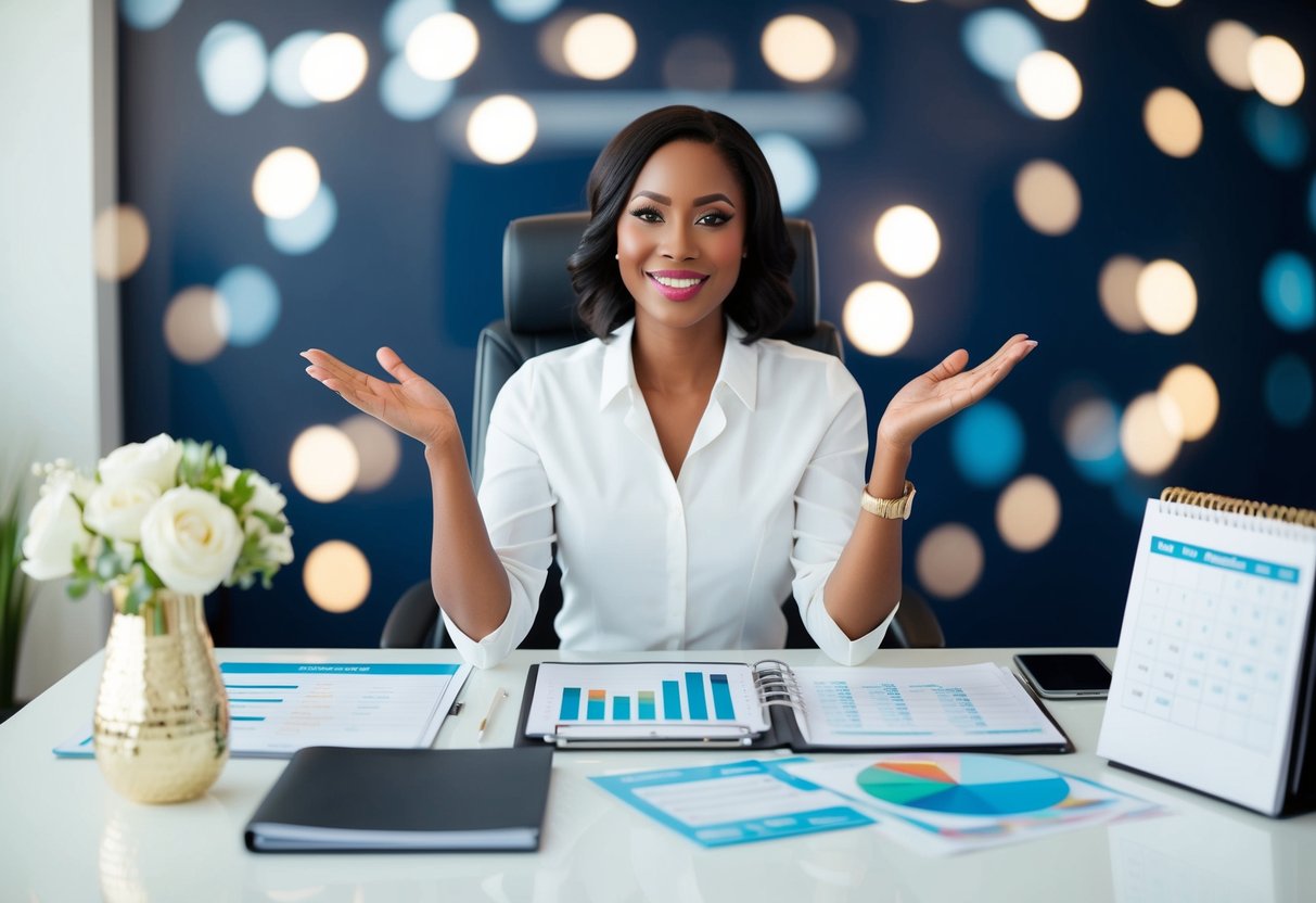 A planner at a desk surrounded by event decor, budget spreadsheets, and a calendar, with a satisfied expression