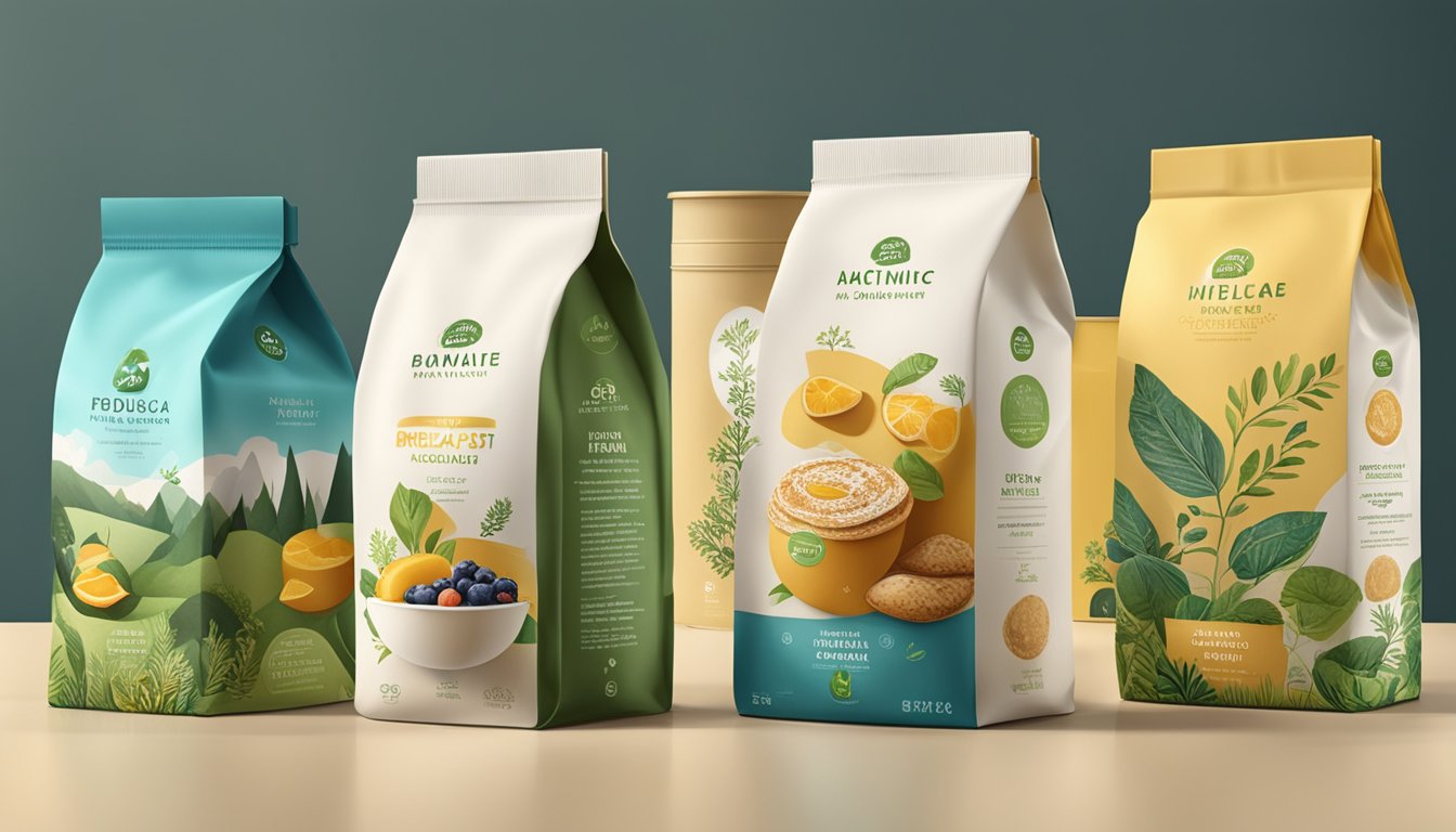 A breakfast packaging evolution from traditional to eco-friendly materials, surrounded by nature and sustainable elements