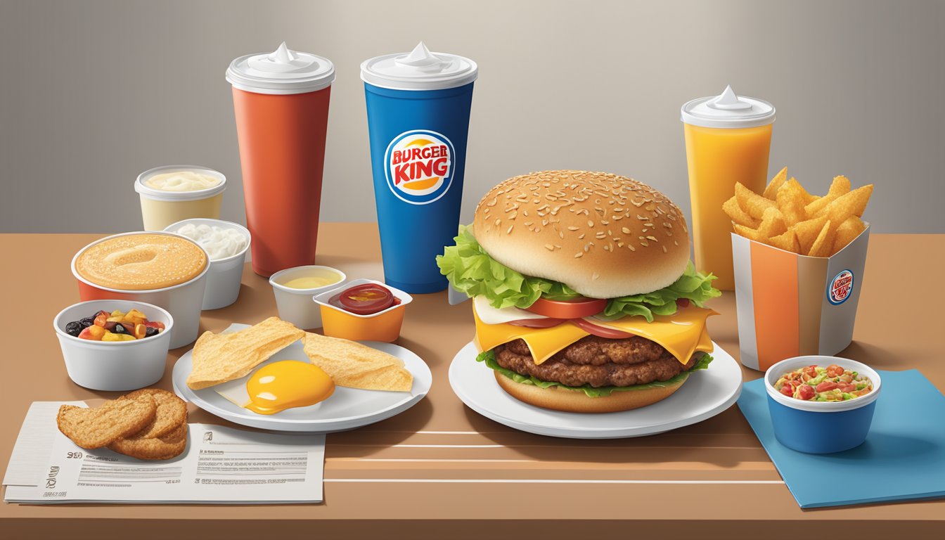 A table with breakfast and lunch items from Burger King neatly arranged side by side, with nutritional information displayed next to each item