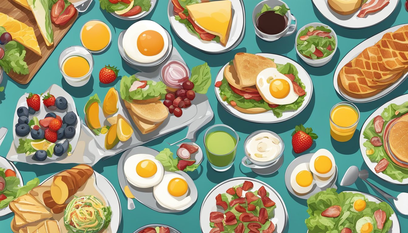 A colorful breakfast and lunch spread with various food items, including eggs, bacon, fruits, sandwiches, and salads, arranged on a table for comparison