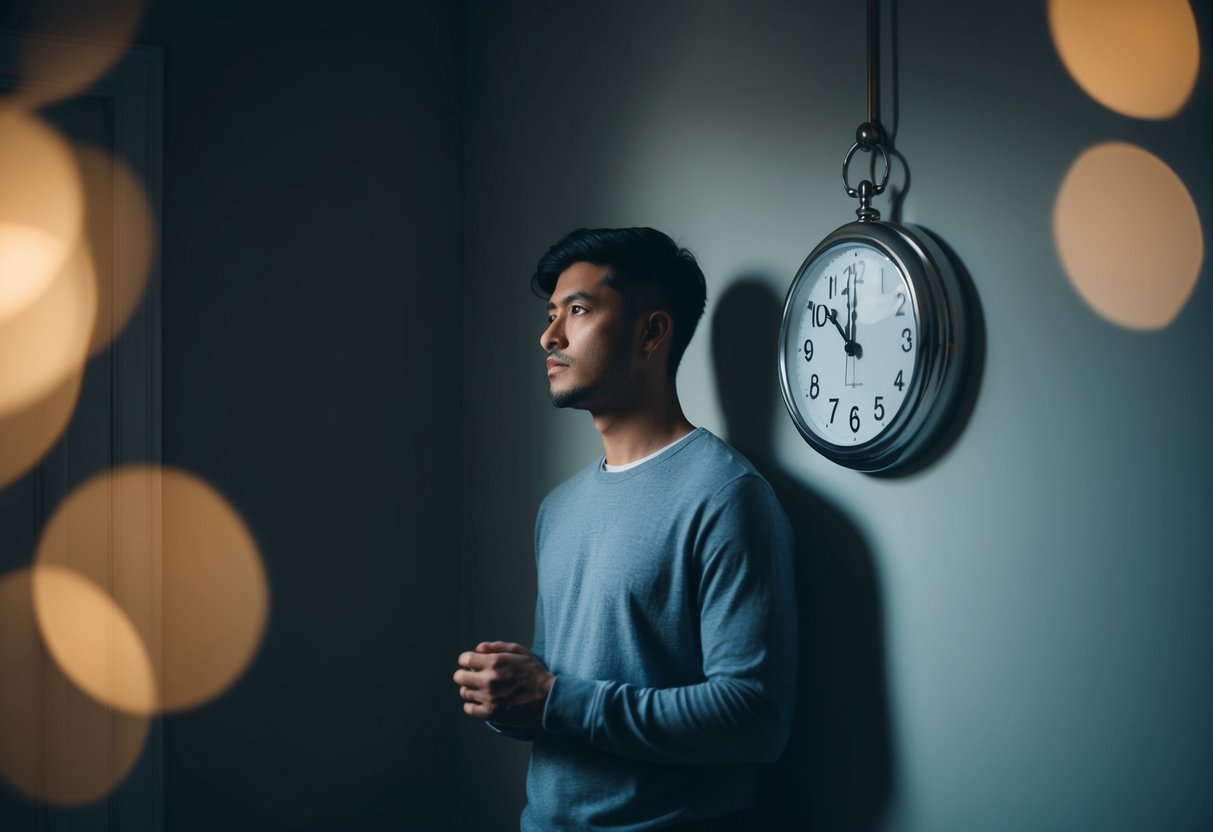 A person standing alone in a dimly lit room, looking at a clock showing an early hour, with a thoughtful expression on their face