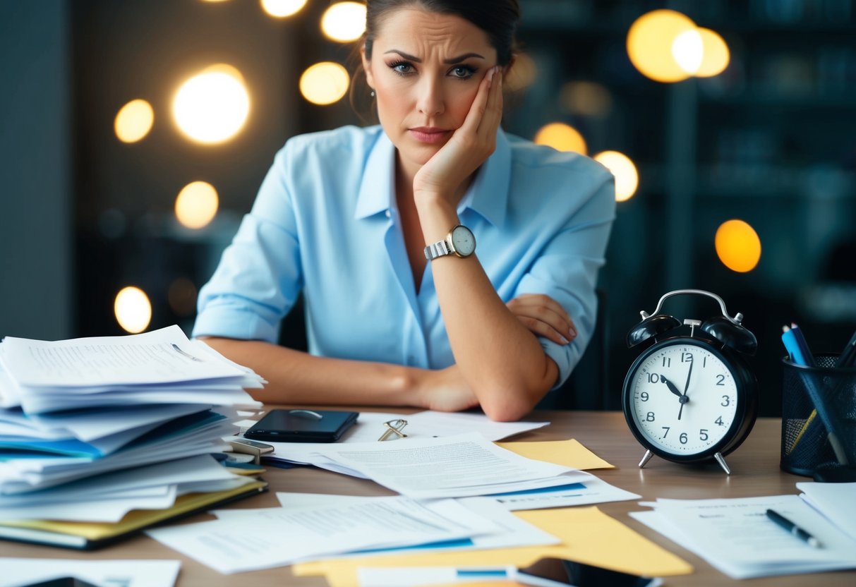 A cluttered desk with scattered papers, a ticking clock, and a furrowed brow