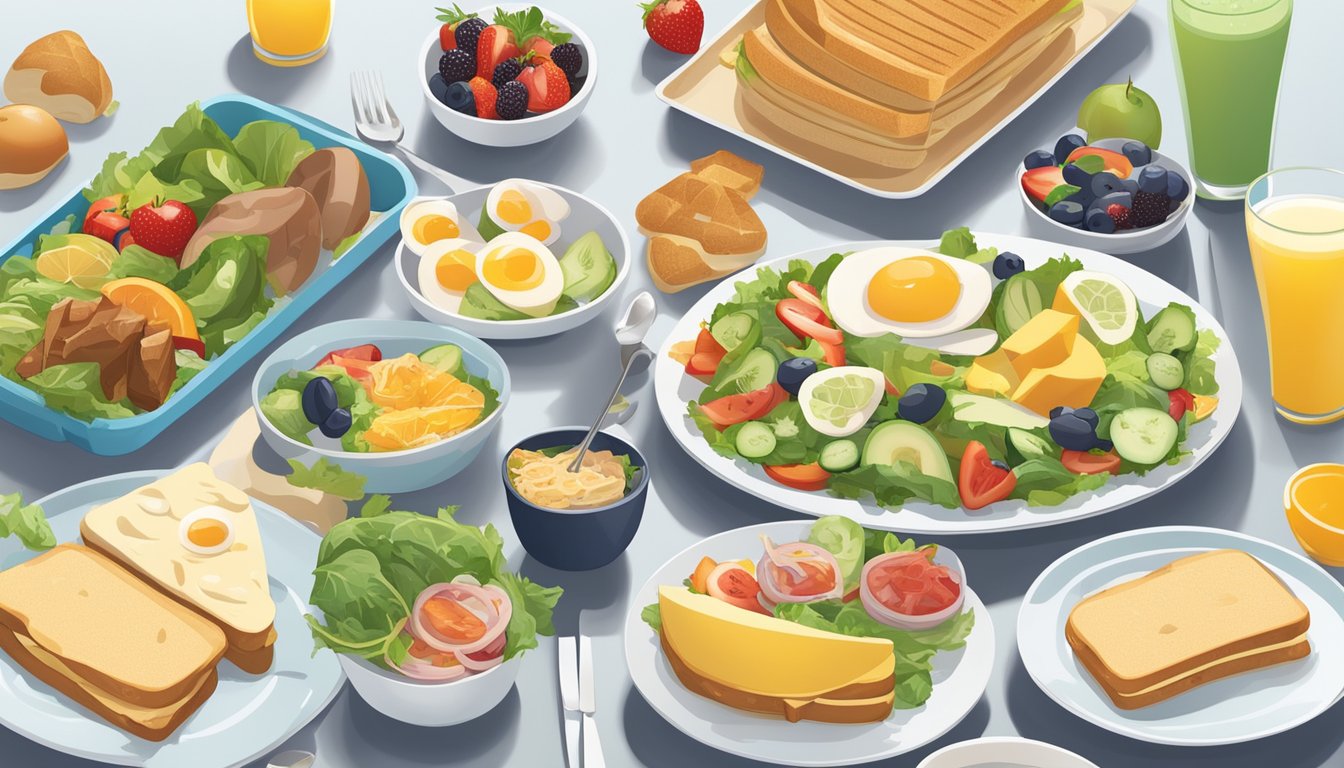 A breakfast and lunch spread side by side, featuring a variety of food items such as sandwiches, salads, fruits, and beverages, with nutritional information displayed for comparison