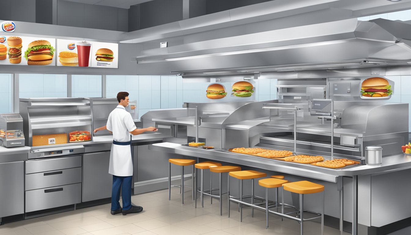 The kitchen at Burger King is a flurry of activity as employees use advanced technology to prepare breakfast items. The automated machines and digital displays showcase the role of technology in fast food preparation