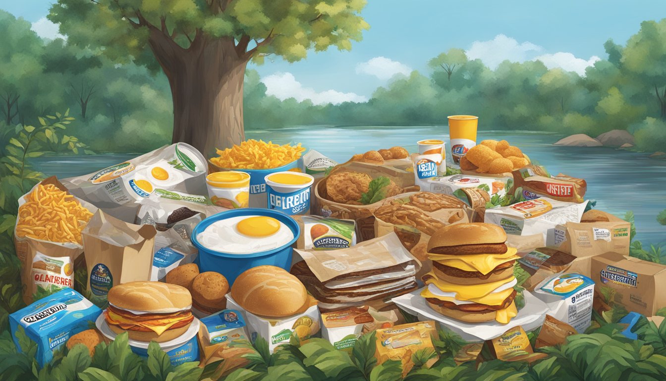 A pile of discarded BK breakfast packaging surrounded by various environmental elements such as trees, animals, and waterways